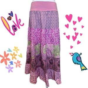 Bohemian Patchwork Floral Maxi Skirt Stretch Waist band Partial Lining Sz Medium